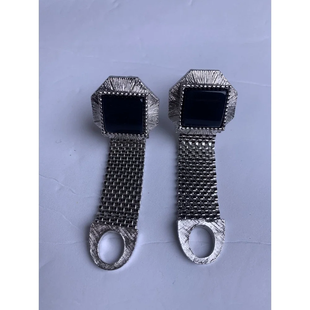 Vintage Silver Tone‎ Mesh Wrap Cufflinks Black Square Stone Mid Century Modern